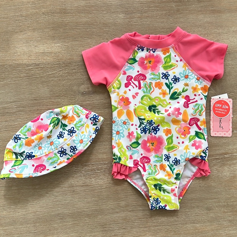 Floatimini Toddler Girl Rashguard One Piece Swimsuit Set Bucket Hat 24 months